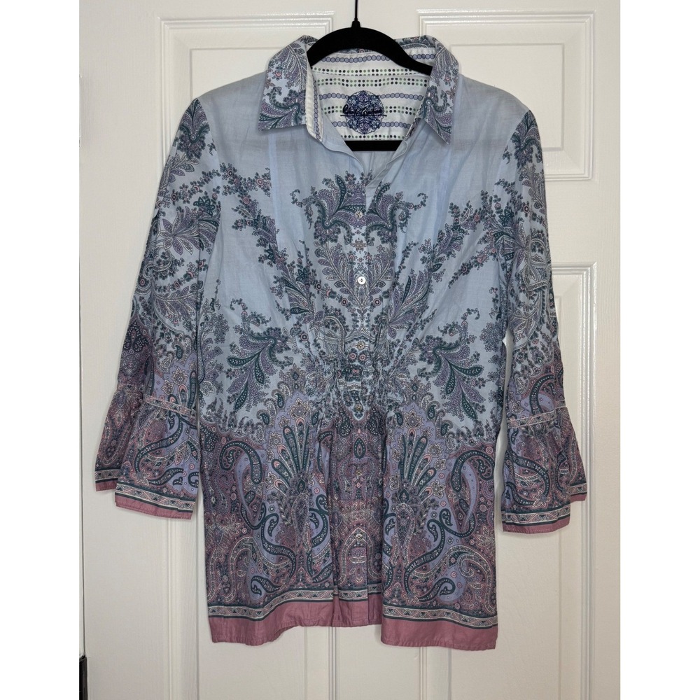 Robert Graham Blue Paisley Print Button Up Shirt Bell Sleeve Tunic Women's M